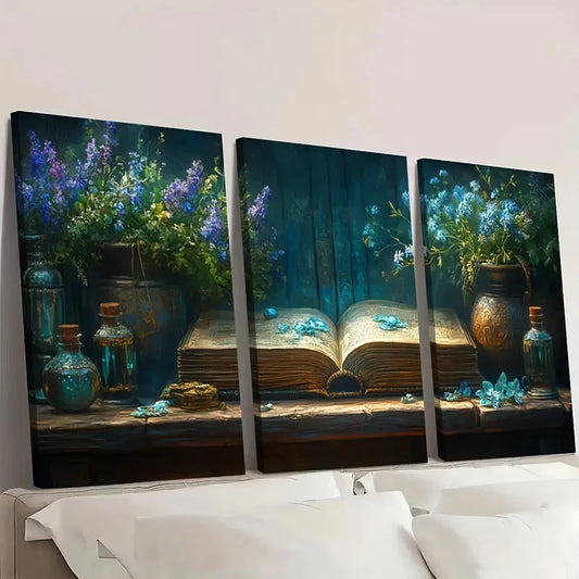 3pcs Magical Books Book & Floral BN Wall Art Set Canvas Framed 60x90cm - High Quality Print 100% Australian Made Wall Canvas Ready to Hang