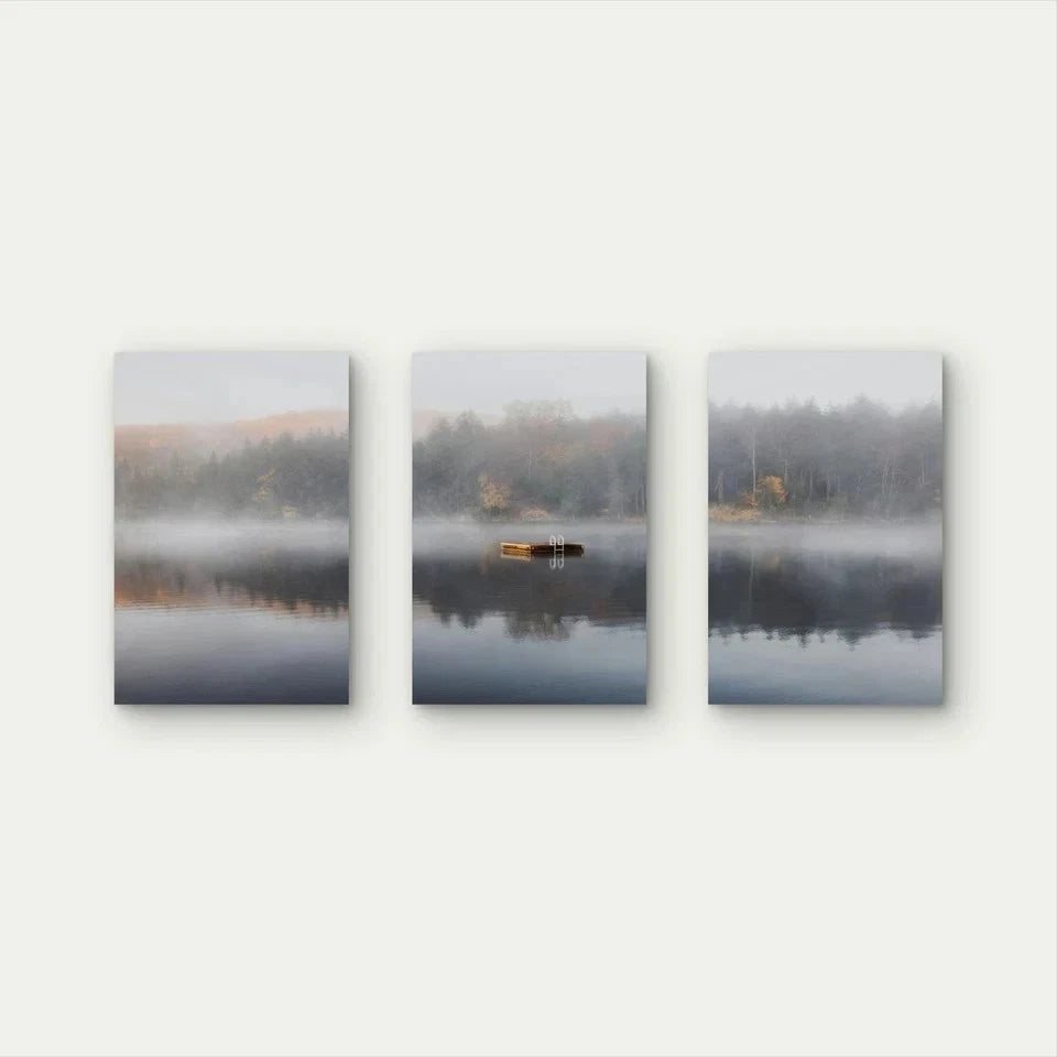 3pcs Misty Lake Landscape Forest With Boat Wall Art Set Canvas Framed 40x60cm - High Quality Print 100% Australian Made Wall Canvas Ready to Hang