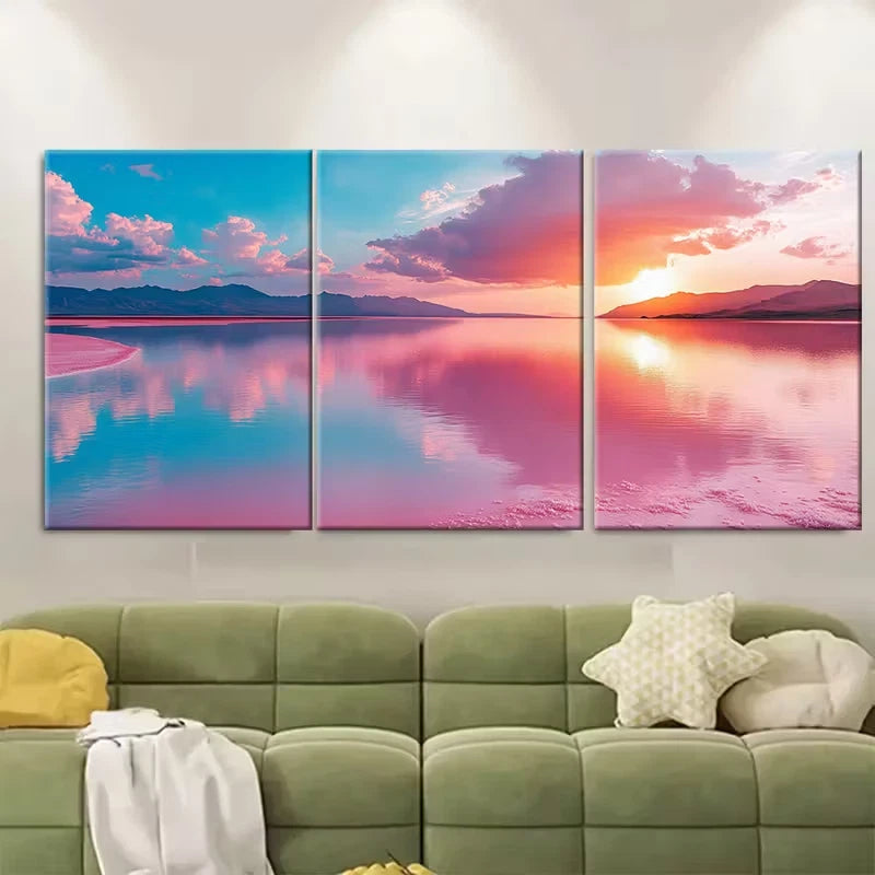 3pcs Pink Salt Lake Metal Print Ready to Hang Art