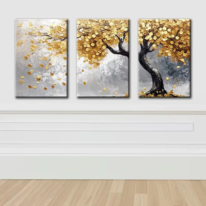 3pcs Luxurious Golden Leaf Tree Illustration Wall Art Set Canvas Framed 60x90cm - High Quality Print 100% Australian Made Wall Canvas Ready to Hang