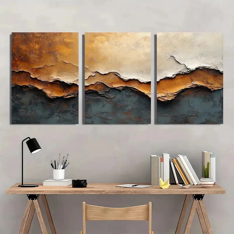 3pcs Brown Acrylic Abstract Texture Painting Metal Print Ready to Hang Art - Bella Home Decor