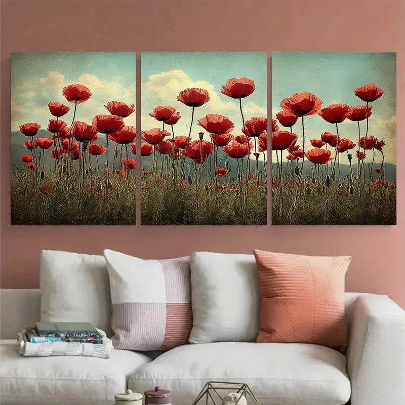 3pcs Poppy Meadow Field In Spring Design Metal Print Ready to Hang Art - Bella Home Decor