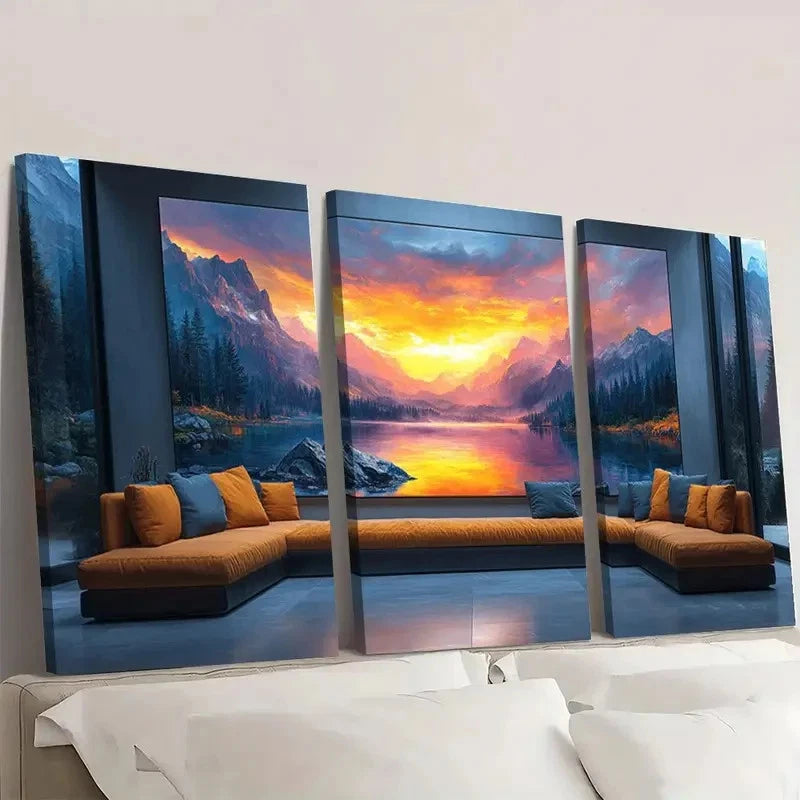 3pcs Modern Mountain Sunset F   Wall Art Set Canvas Framed 50x70cm - High Quality Print 100% Australian Made Wall Canvas Ready to Hang - Bella Home Decor