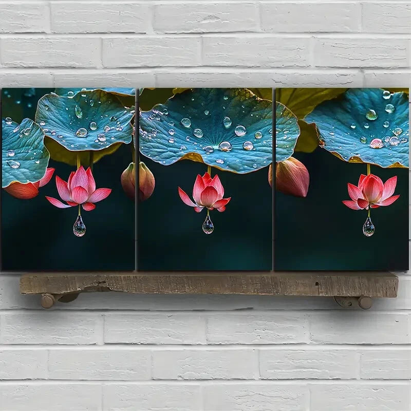 3pcs Leaves Adorned with Dewdrops Metal Print Ready to Hang Art - Bella Home Decor