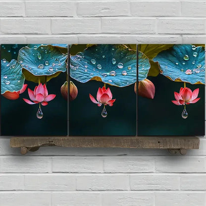 3pcs Leaves Adorned with Dewdrops Metal Print Ready to Hang Art - Bella Home Decor