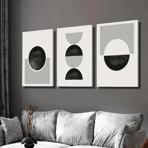 3pcs Black and White Geometric Circle and Line Wall Art Set Canvas Unframed - High Quality Print 100% Australian Made Wall Canvas - Bella Home Decor