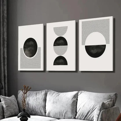 3pcs Black and White Geometric Circle and Line Wall Art Set Canvas Unframed - High Quality Print 100% Australian Made Wall Canvas - Bella Home Decor