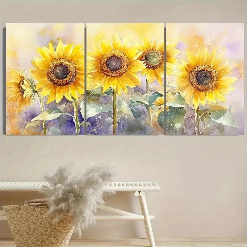 3pcs Vibrant Yellow Wildflowers with Green Leaves Metal Print Ready to Hang Art - Bella Home Decor