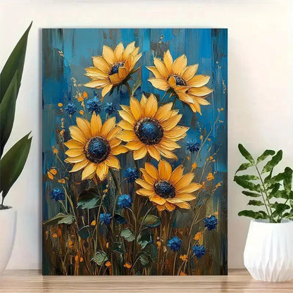 Beautiful Vibrant Yellow Sunflowers with Blue 40x60cm Metal Print Ready to Hang