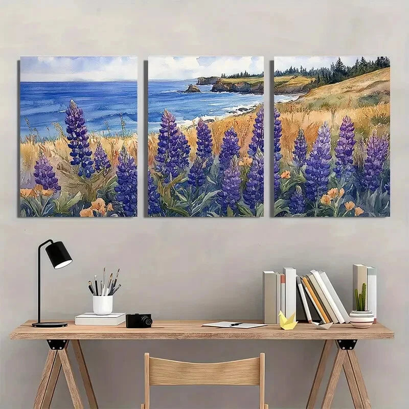 3pcs Lupine Flowers & Ocean View Watercolor Metal Print Ready to Hang Art