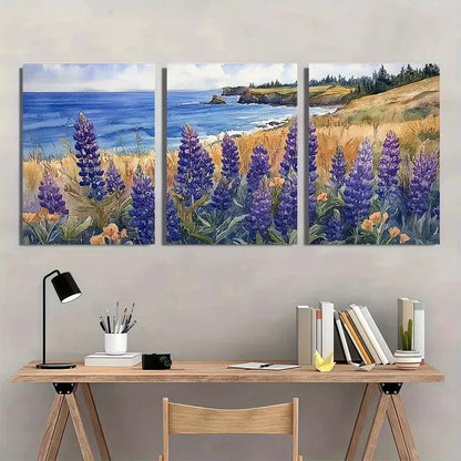 3pcs Lupine Flowers & Ocean View Watercolor Metal Print Ready to Hang Art