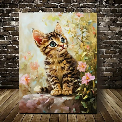 Cute Bengal Kitten with Vibrant Flowers Painting 40x60cm Metal Print Ready to Hang - Bella Home Decor