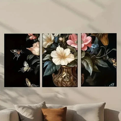 3pcs Flowers in a Vase with Butterflies  Wall Art Set Canvas Unframed - High Quality Print 100% Australian Made Wall Canvas - Bella Home Decor