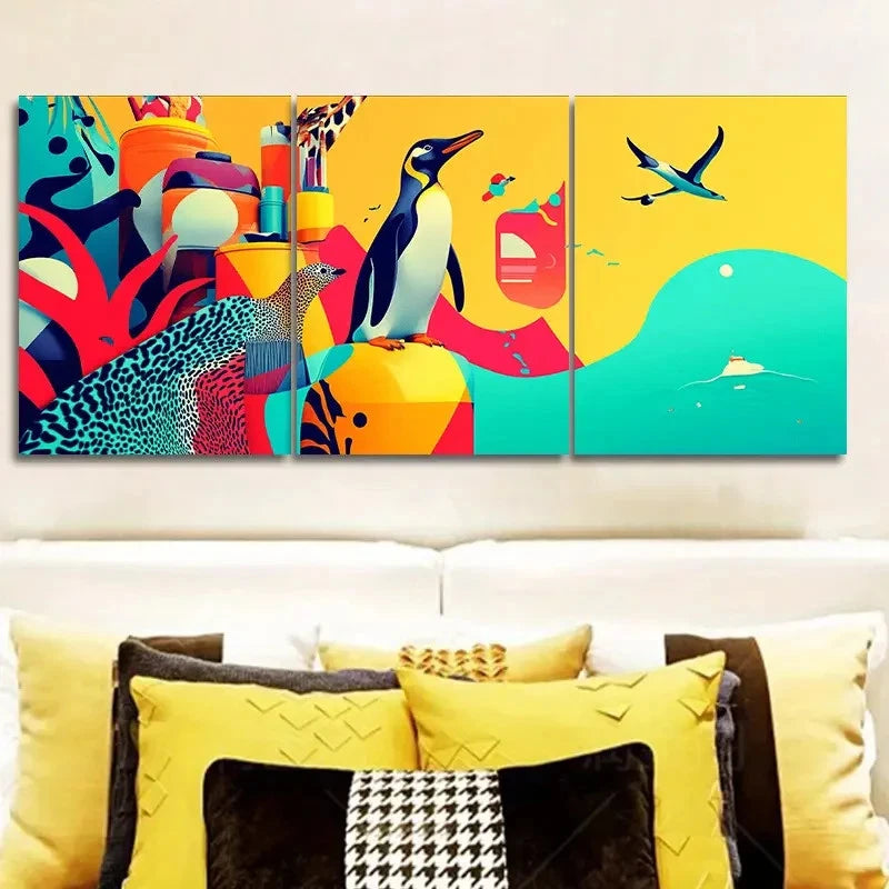 3pcs Zoo Animals vibrant, cartoonish style Art Wall Art Set Canvas Framed 40x60cm - High Quality Print 100% Australian Made Wall Canvas Ready to Hang