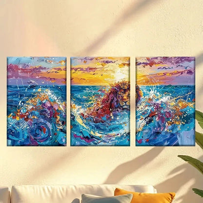 3pcs Colorful abstract lion waves 50x70cm - High Quality Print 100% Australian Made Wall Canvas Ready to Hang - Bella Home Decor