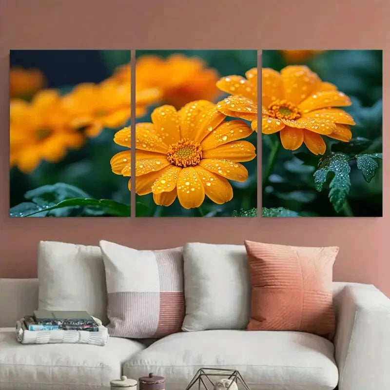 3pcs Vibrant Calendula Marigold with Raindrops Metal Print Ready to Hang Art - Bella Home Decor