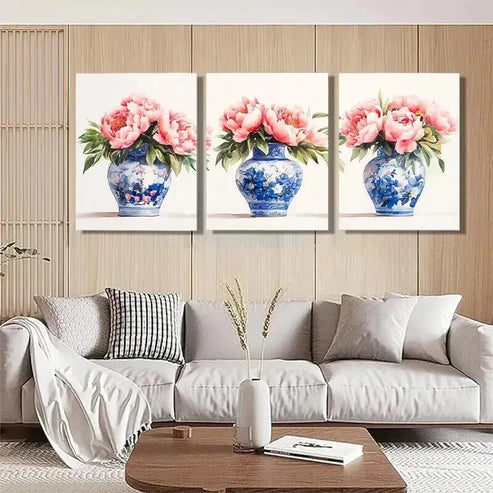 3pcs Blue and White Porcelain Vase Perfect Wall Art Set Canvas Unframed - High Quality Print 100% Australian Made Wall Canvas - Bella Home Decor