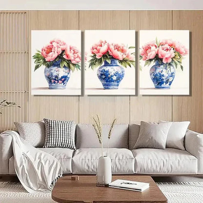 3pcs Blue and White Porcelain Vase Perfect Wall Art Set Canvas Unframed - High Quality Print 100% Australian Made Wall Canvas - Bella Home Decor