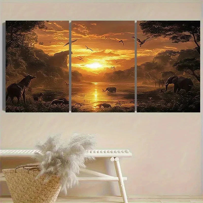 3pcs African Wildlife at Sunset Wall Art Set Canvas Framed 60x90cm - High Quality Print 100% Australian Made Wall Canvas Ready to Hang - Bella Home Decor