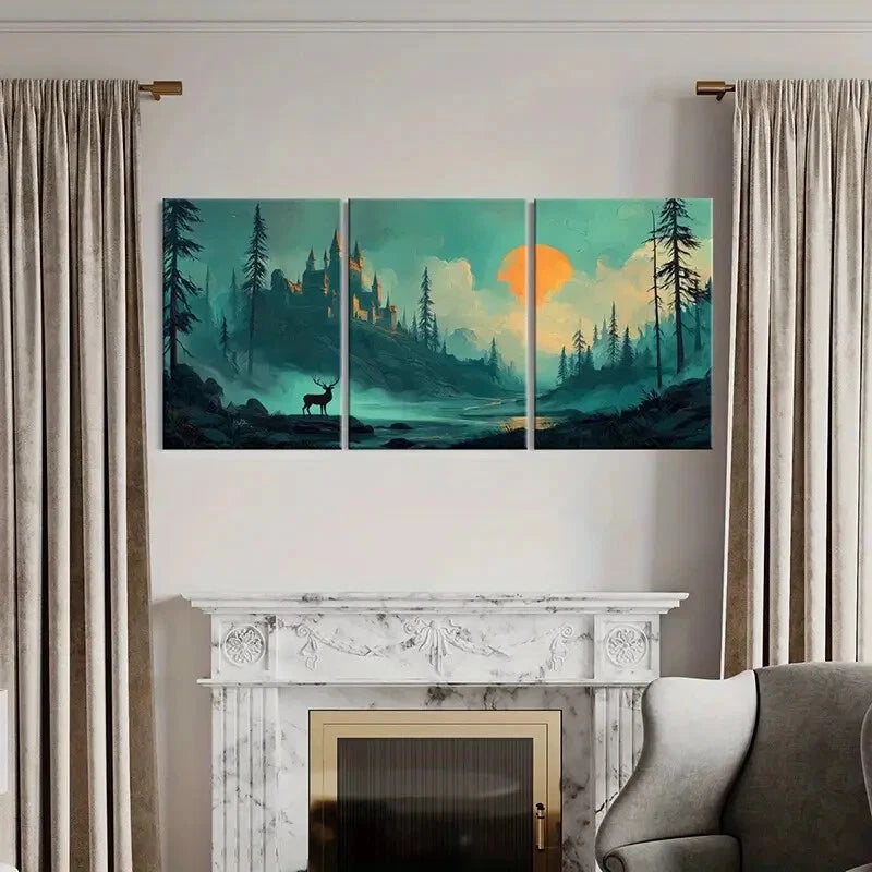 3pcs Mystical Castle Landscape Deer Silhouette Metal Print Ready to Hang Art - Bella Home Decor