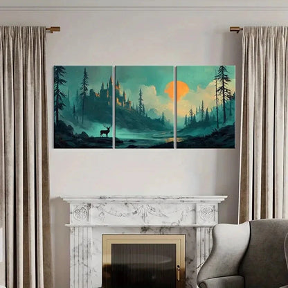 3pcs Mystical Castle Landscape Deer Silhouette Metal Print Ready to Hang Art - Bella Home Decor
