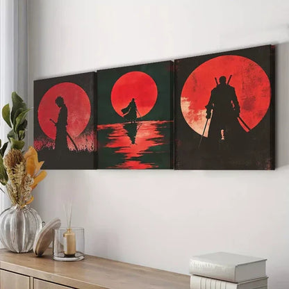3pcs Samurai Red Moon Dark Background Lonely Wall Art Set Canvas Unframed - High Quality Print 100% Australian Made Wall Canvas