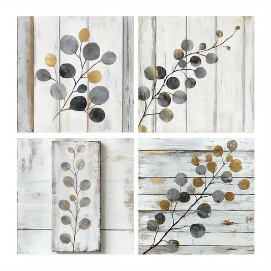 4pcs Gray And Golden Paintings, Leaf Wall Art Canvas Framed