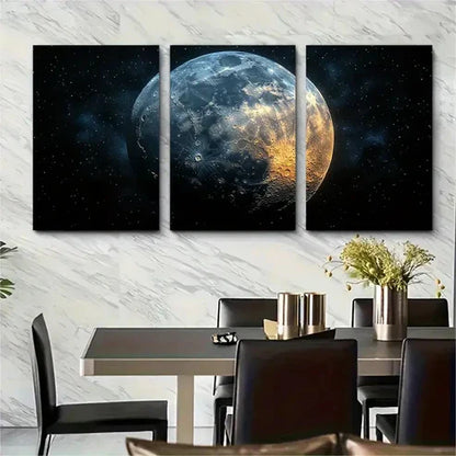 3pcs Detailed Lunar Surface With Stars Perfect Wall Art Set Canvas Unframed - High Quality Print 100% Australian Made Wall Canvas