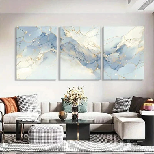 3pcs Blue and Golden Marble Elegant Perfect Wall Art Set Canvas Framed 60x90cm - High Quality Print 100% Australian Made Wall Canvas Ready to Hang