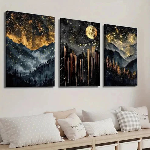 3pcs Abstract Starry Black and Golden Sky Wall Art Set Canvas Unframed - High Quality Print 100% Australian Made Wall Canvas - Bella Home Decor