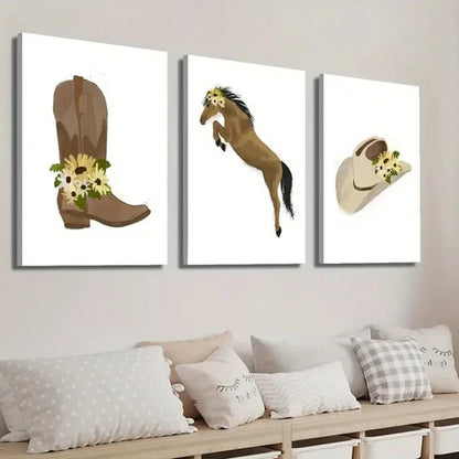 3pcs Boots Hat & Jump Horse with Yellow Flower Wall Art Set Canvas Unframed - High Quality Print 100% Australian Made Wall Canvas - Bella Home Decor
