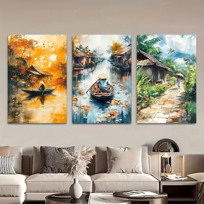 3pcs Vietnam Landscapes Watercolor Design Metal Print Ready to Hang Art - Bella Home Decor