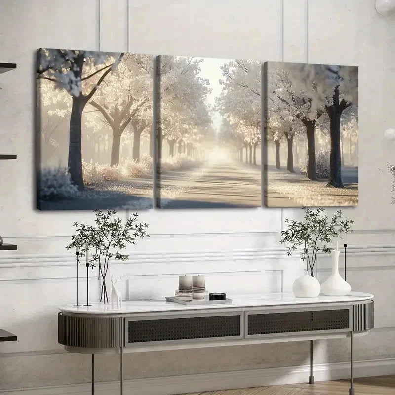 3pcs serene Birch Forest Triptych  Sunlit Wall Art Set Canvas Framed 60x90cm - High Quality Print 100% Australian Made Wall Canvas Ready to Hang