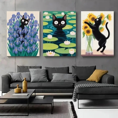 3pcs Black Cat Canvas  Pop Art Style  wall Art Set Canvas Framed 50x70cm - High Quality Print 100% Australian Made Wall Canvas Ready to Hang - Bella Home Decor