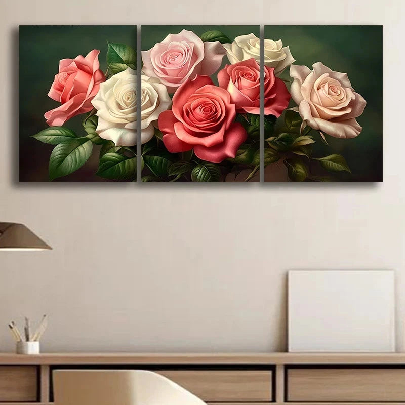3pcs Vibrant Pink & White Roses Elegant Metal Print Ready to Hang Art
