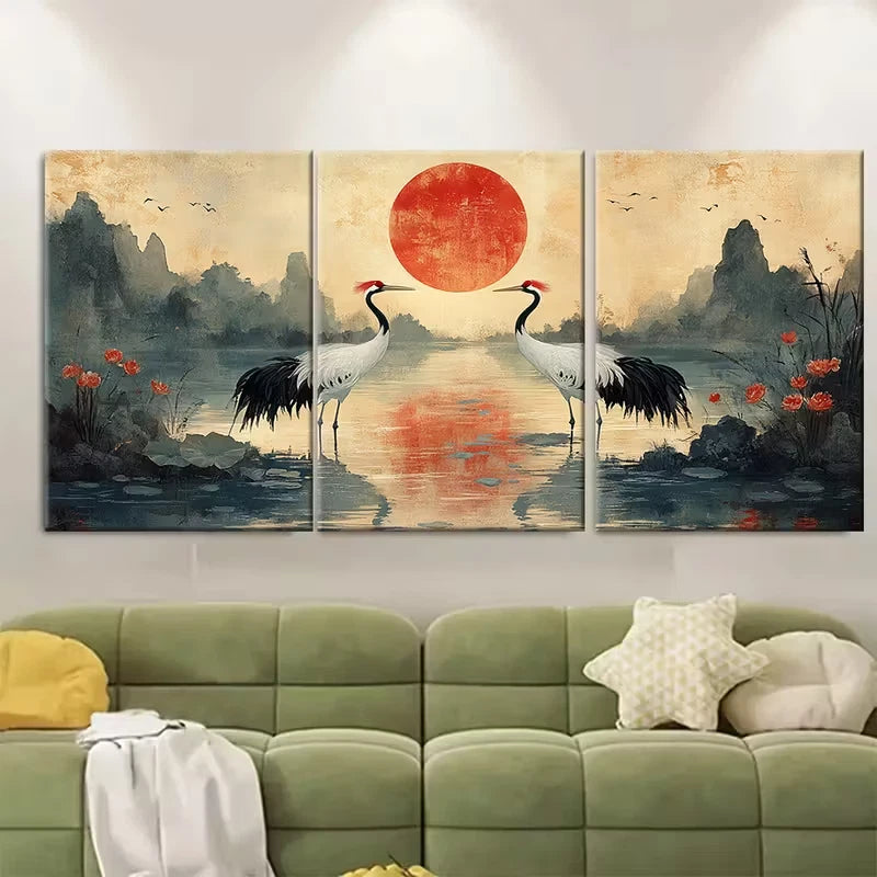 3pcs Cranes by Lake with Traditional Landscape Metal Print Ready to Hang Art - Bella Home Decor
