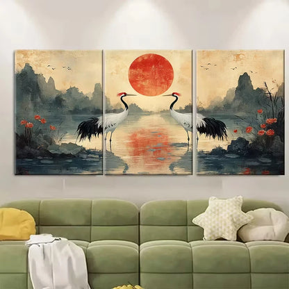 3pcs Cranes by Lake with Traditional Landscape Metal Print Ready to Hang Art - Bella Home Decor