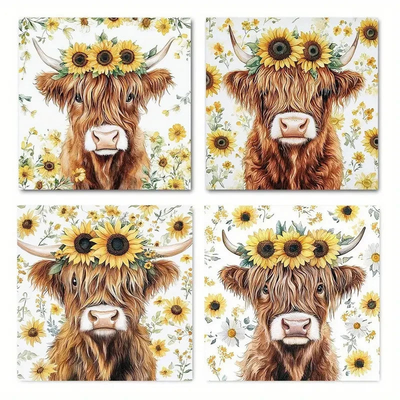 4pcs Highland cow sunflower  Wall Art Canvas Framed