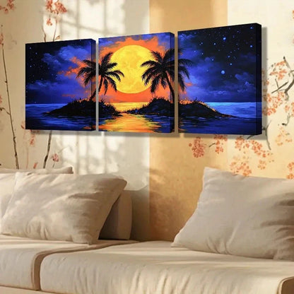 3pcs Tropical Sunset Dark Blue  Wall Art Canvas  Framed 60x90cm - High Quality Print 100% Australian Made Wall Canvas Ready to Hang