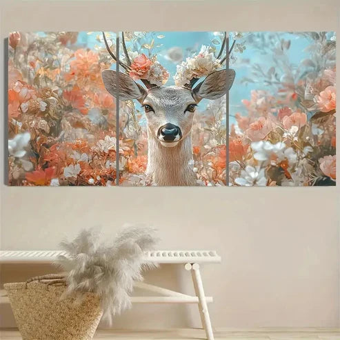 3pcs Floral Deer Wall Art Set Canvas Unframed - High Quality Print 100% Australian Made Wall Canvas - Bella Home Decor