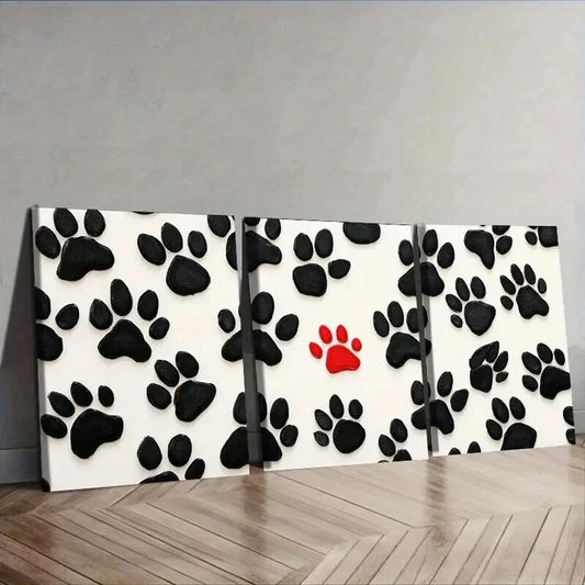 3pcs Black White Dog Paw Prints with Red Accent Wall Art Set Canvas Framed 50x70cm - High Quality Print 100% Australian Made Wall Canvas Ready to Hang