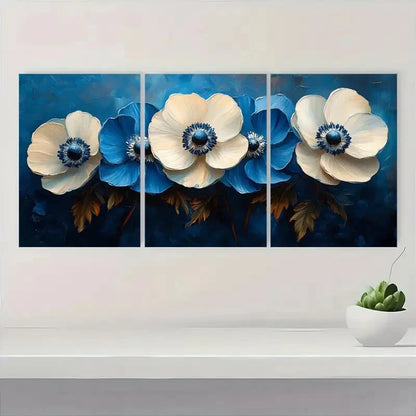 3pcs Elegant Blue & White Anemone Oil Painting Metal Print Ready to Hang Art - Bella Home Decor