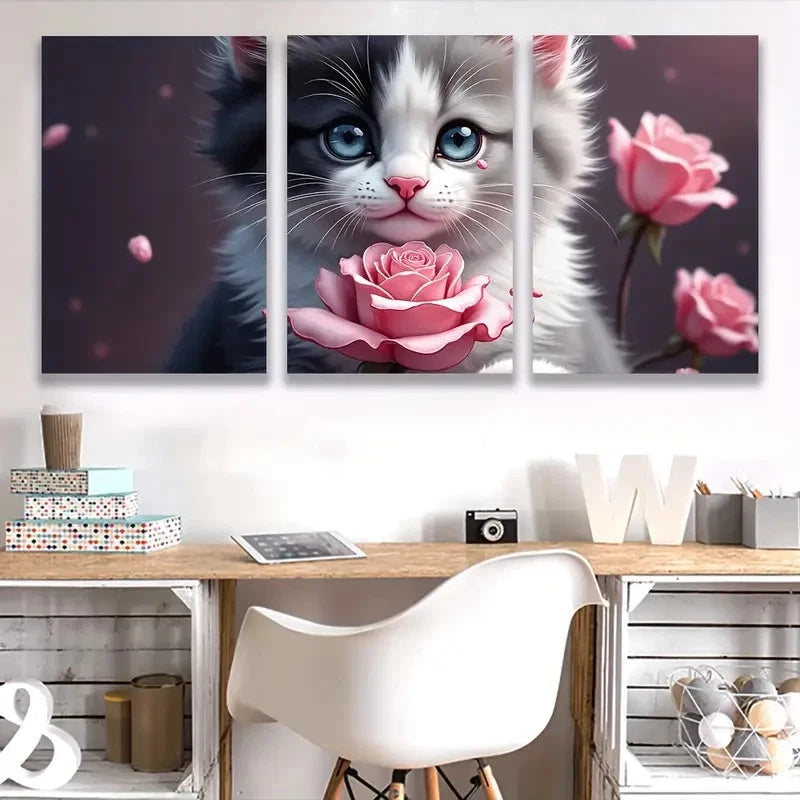 3pcs Black And White Cat With Rose Wall Art Set Canvas Framed 40x60cm - High Quality Print 100% Australian Made Wall Canvas Ready to Hang - Bella Home Decor