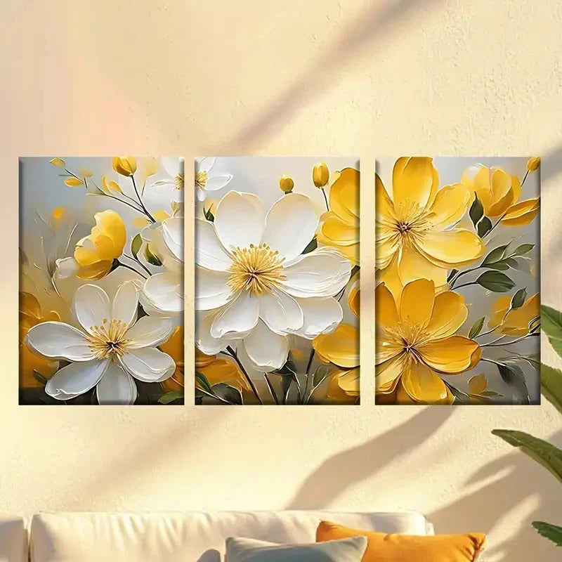3pcs Bunch of yellow and white flowers Wall Art Set Canvas Framed 60x90cm - High Quality Print 100% Australian Made Wall Canvas Ready to Hang - Bella Home Decor