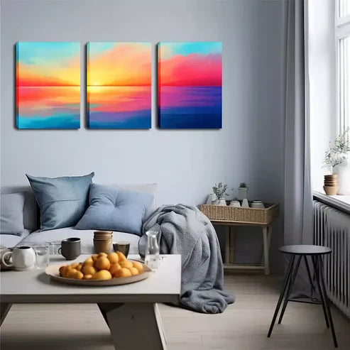 3pcs Ocean Sunset with Reflective Water Wall Art Set Canvas Unframed - High Quality Print 100% Australian Made Wall Canvas