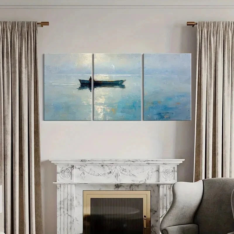 3pcs Abstract Ocean Scene Solitary Boat Metal Print Ready to Hang Art - Bella Home Decor