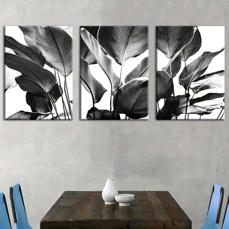 3pcs Black and White Nature Plant Leaf Theme Metal Print Ready to Hang Art - Bella Home Decor