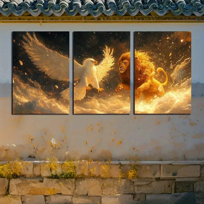 3pcs Mystical Lion and Bird Encounter Illustration Metal Print Ready to Hang Art - Bella Home Decor