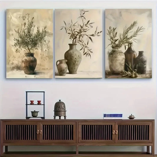 3pcs Vintage Olive Branch Wall Art Set Canvas Framed 40x60cm - High Quality Print 100% Australian Made Wall Canvas Ready to Hang