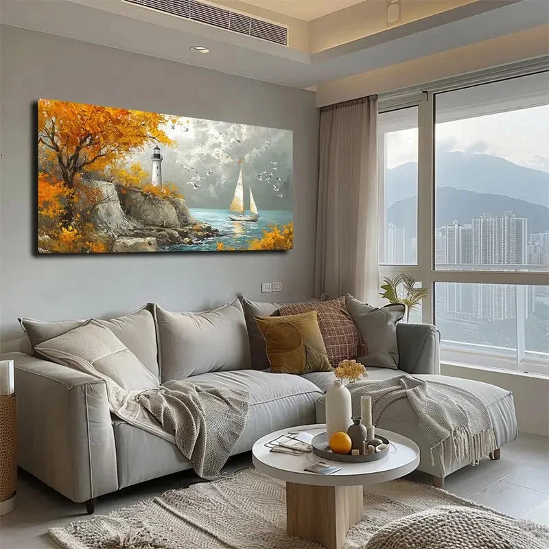 Autumn Seaside Lighthouse Wall Art canvas office home room framed 120x60cm